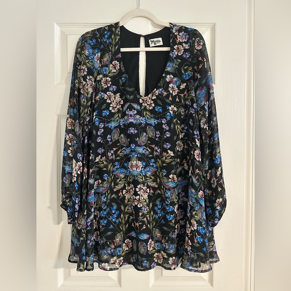 Show Me Your MuMu Black and Blue Bishop Sleeve Sundress